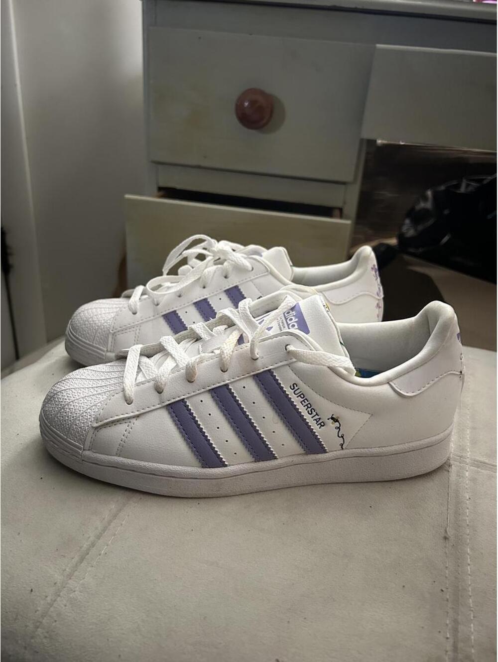 Adidas Superstar white leather sneakers w/ purple stripes and floral embroidery